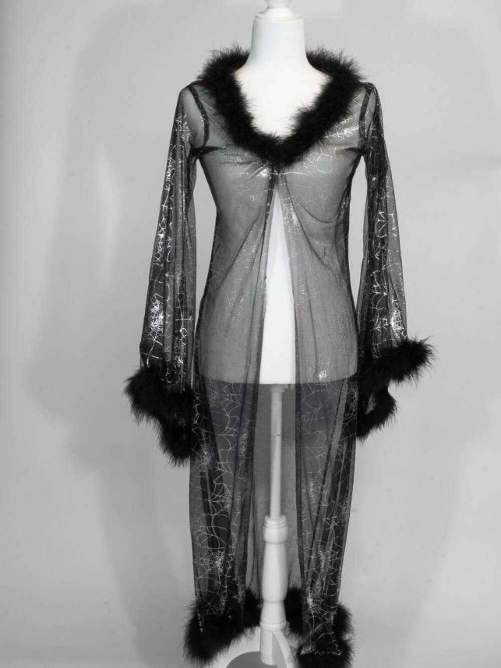 Halloween Long Coat : Sheer Spiderweb Fabric with Boa Trimmed Collar & Cuffs